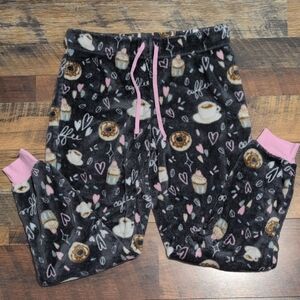 Secret Treasures Black and Pink Fuzzy Coffee Donut Pajama Pants